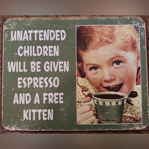 Funny Vintage-Style Green Espresso Sign with Child Illustration